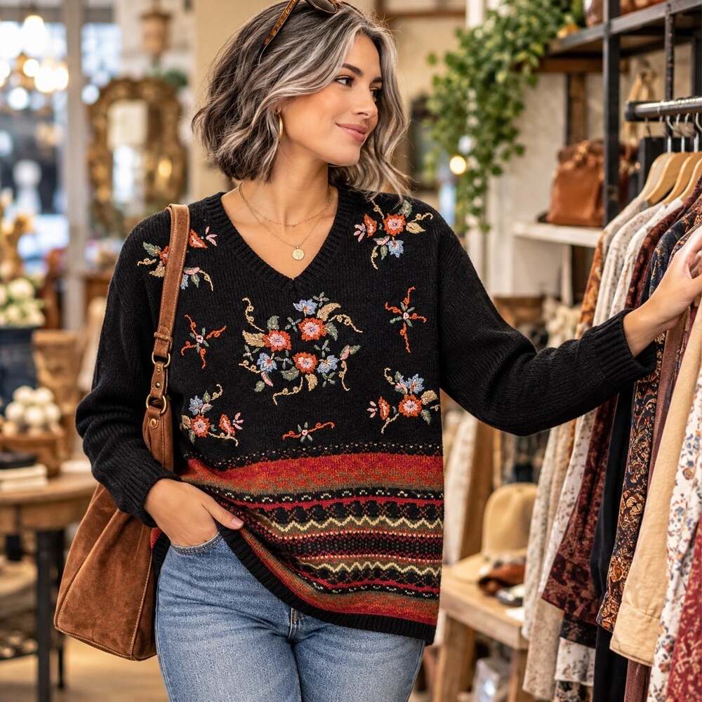 Carolyn Taylor Vintage Floral Embroidered Sweater Women’s M Black Fair Isle